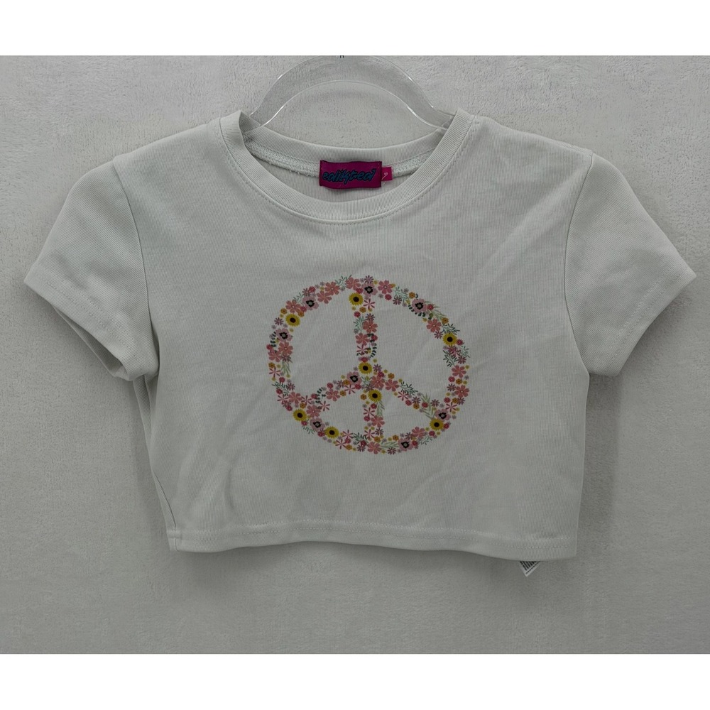 Edikted Top Womens Small White Floral Peace Sign Crop Boho Y2K Ribbed Festival